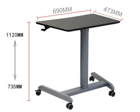 Smooth Roll Mobile Standing Desk With Height Adjustable Pneumatic Lift Sleek Black Aluminum Frame Ergonomic Rolling Workstation with dimensions shown.