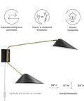2 Light Swing Arm Wall Sconce That Can Plug In Or Be Hardwired E26 Base 40W Max Per Bulb LED Compatible Clear Power Cord, side view.