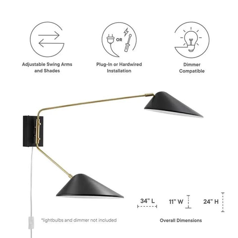 2 Light Swing Arm Wall Sconce That Can Plug In Or Be Hardwired E26 Base 40W Max Per Bulb LED Compatible Clear Power Cord, side view.