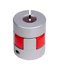 Rock Solid Aircraft Grade Aluminum Flex Shaft Coupler With Four Millimeter Bores and a clean setup for CNC motors, showing its design.