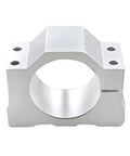 Hefty Aluminum Spindle Motor Mount And Rock Steady CNC Router Clamp Bracket For High Speed Engraving Milling Tool Featuring Bulky Four Screw Lockup Zero Shake Vibration Absorption In Glossy Silver - close-up view of solid aluminum design.
