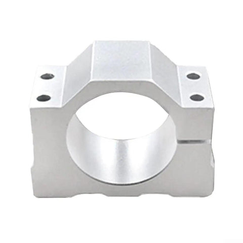 Hefty Aluminum Spindle Motor Mount And Rock Steady CNC Router Clamp Bracket For High Speed Engraving Milling Tool Featuring Bulky Four Screw Lockup Zero Shake Vibration Absorption In Glossy Silver - close-up view of solid aluminum design.