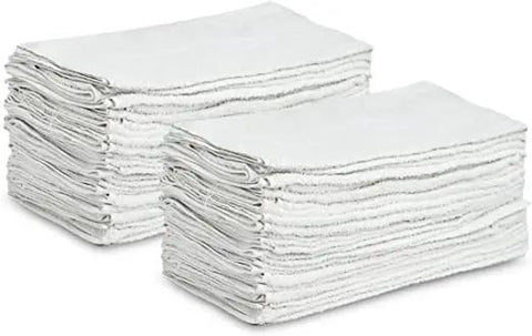 Stack of white shop towels B grade rags 60 pcs 20x40 inches for industrial auto garage cleaning and commercial use