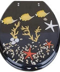 Top Shelf Black Resin Toilet Seat Universal Fit Easy Clean Bathroom Lid with colorful sea life design.