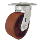 Heavy Duty Swivel Caster With Rugged Ductile Steel Wheel Kingpinless Setup Supports 1500 Pounds, featuring a red wheel and metal mount.