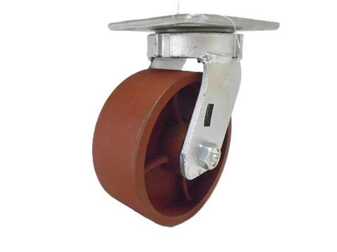 Heavy Duty Swivel Caster With Rugged Ductile Steel Wheel Kingpinless Setup Supports 1500 Pounds, featuring a red wheel and metal mount.