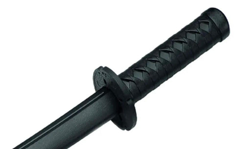 Close-up of Beefy Ultra Durable Polypropylene Wakizashi Trainer with textured grip and faux woodgrain texture for realistic feel.