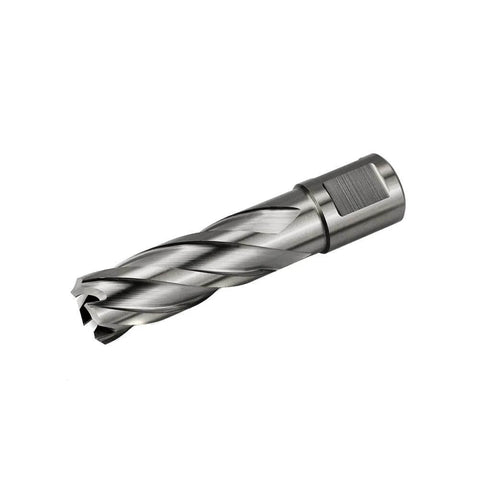 Oscarbide annular cutter with 3/4 in Weldon shank; 11/16 in diameter, 2 in depth of cut, pilot pin for magnetic drill.