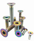 Kickin Style Titanium Bolts M5x30mm Countersunk Flat Head Fasteners multicolor assortment of heavy duty hardware for bike frames.