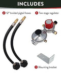GasOne two-stage auto-changeover propane regulator with two 12-inch braided pigtails and mounting bracket