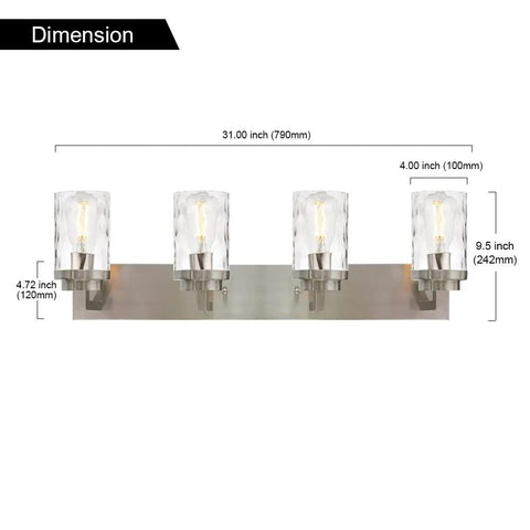 4-Light Vanity Light Fixture In Satin Nickel With Hammered Glass Shades dimensions for bathroom bedroom kitchen hallway installation