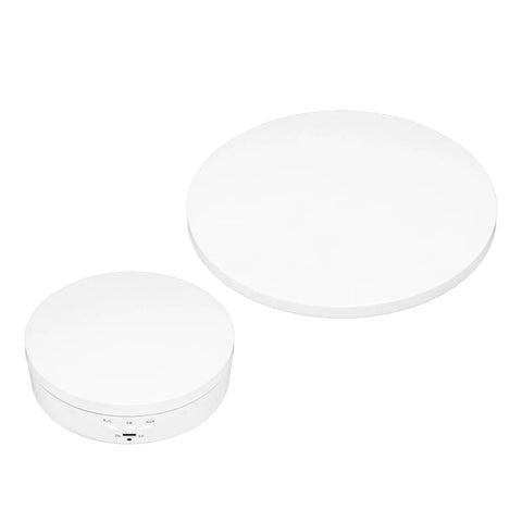 Super Quiet 3 Speed Electric Rotating Turntable For Stunning Product Photos And Live Streaming With 360 Degree Motorized Stand and Battery Power, showing two sizes.