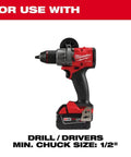 Side view of Milwaukee cordless drill/driver with red and black body, 1/2-inch chuck, and attached M18 battery.