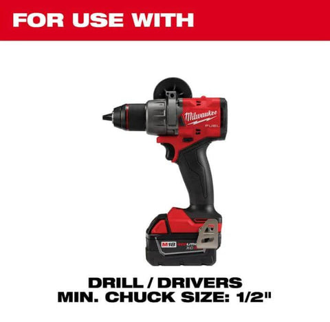 Side view of Milwaukee cordless drill/driver with red and black body, 1/2-inch chuck, and attached M18 battery.