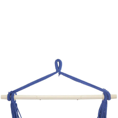 Close-up of blue rope and steel bar of Heavy Duty Hammock Chair Hanging Rope Swing with Steel Spreader Bar for Indoor and Outdoor Relaxation.