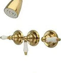 Tub And Shower Faucet With 3 Porcelain Lever Handles, Polished Brass Finish, 5 Inch Spout Reach, Wall Mount, Solid Brass Construction