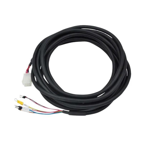 Servo motor power cable with holding brake, 15 m, drag-chain type; black sheath, white connector, exposed colored wires.