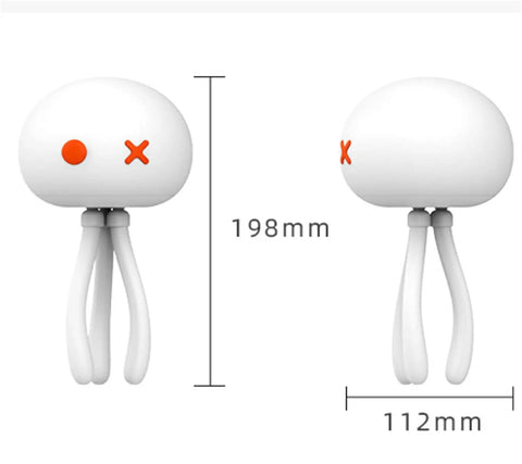 Rechargeable Jellyfish LED Night Light For Nursery With Dimmable Touch Control, side and front view with dimensions