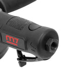 Badass 1.3 Horsepower Air Angle Grinder With 4.5 Inch Grinding Wheel And Swivel Guard Crushes Steel And Concrete Stall Resistant Motor Quick Release Turntable For Hard Core Builders handle close-up with textured grip and trigger.