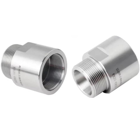 Two-piece silver metal spindle adapter sleeve pair with external threads for ER collets