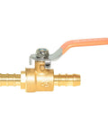 Side view of brass 1/2-inch barbed ball valve with orange lever handle and hose barb ends