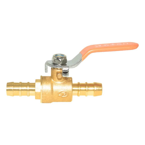 Side view of brass 1/2-inch barbed ball valve with orange lever handle and hose barb ends