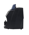 Slick Automatic Multi Currency Bill Counter Machine With Front Loading Tray Handles Usd Eur Cad Bills And Quick Dough from the side view.