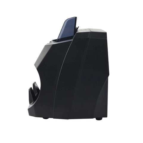 Slick Automatic Multi Currency Bill Counter Machine With Front Loading Tray Handles Usd Eur Cad Bills And Quick Dough from the side view.