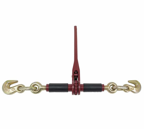 Four Pack Ratchet Chain Binder with Rubber Grips, G70 Eye Grab Hooks, Powder Coated Finish, 14 Inch Handle, 10 Inch Barrel.