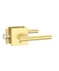Gold Privacy Door Handle Set With Keyless Interior Button in square design, heavy duty for bedrooms or bathrooms, brushed gold finish.
