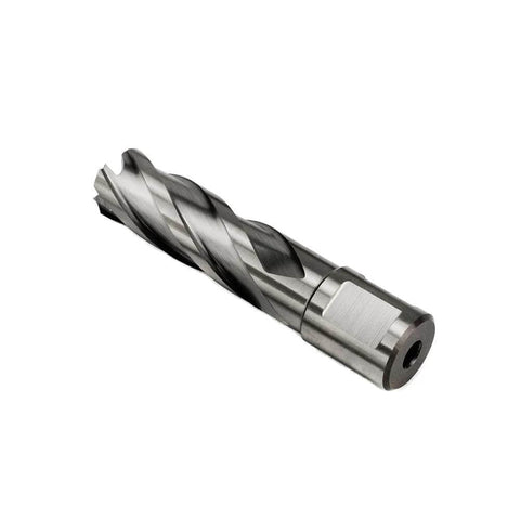 Oscarbide annular cutter, side view, 11/16 in diameter, 2 in cutting depth, 3/4 in Weldon shank with pilot pin