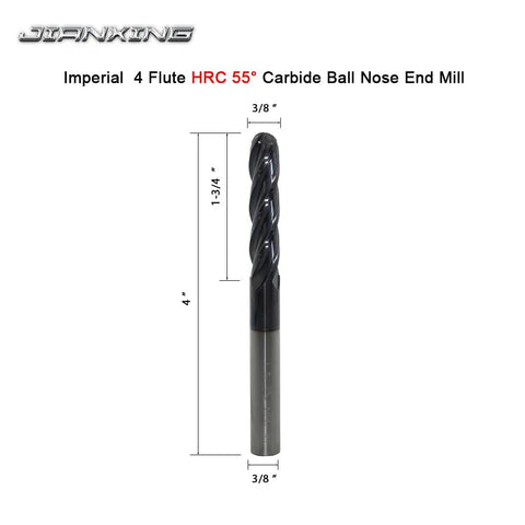 Extra Long 3/8 Inch Carbide Ball Nose End Mill For Alloy And Hardened Steels, 4 Inch Overall Length, Four Flute, HRC 55 AlTiN Coating CNC Router Bit, 1 Piece, front view
