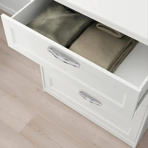 Open drawer with Bling Crystal Door And Drawer Pulls Knobs Set 6 Pack Modern European Style Square Rhinestone Handles, silver tone.