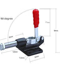 Heavy Duty Push Pull Toggle Clamp 2 Pack With 500 Lbs Holding Capacity And 32mm Stroke, shown with red handle and dimensions