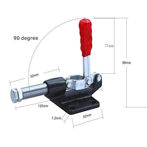 Heavy Duty Push Pull Toggle Clamp 2 Pack With 500 Lbs Holding Capacity And 32mm Stroke, shown with red handle and dimensions
