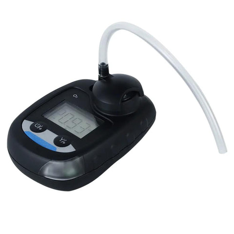 Front view of Amazon ATO Oxygen (O2) gas detector handheld with LCD display, black plastic, back-clip compatible