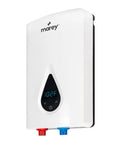 Electric Tankless Water Heater 11kW 240V with smart technology, compact white unit, display showing 102°F, red and blue valves