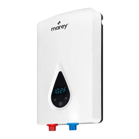 Electric Tankless Water Heater 11kW 240V with smart technology, compact white unit, display showing 102°F, red and blue valves
