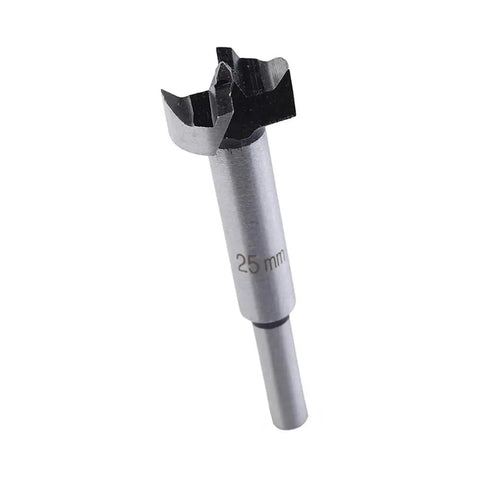 Boss Level High Carbon Steel Forstner Drill Bit Set 5 Piece 25mm drill bit featuring a sturdy round shank for woodworking projects.