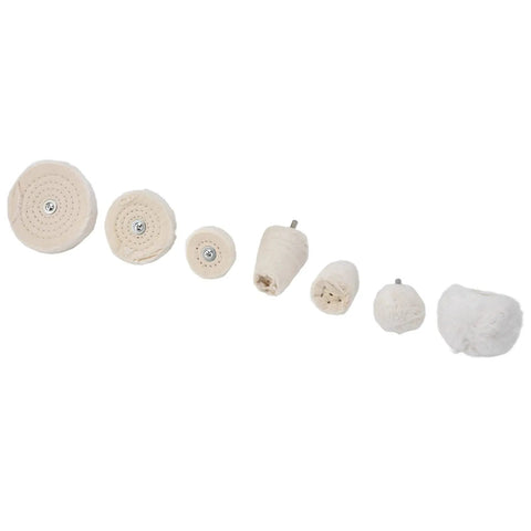 Chic 7-Piece Polishing Wheel Kit With Cotton Flannel Buffing Drill Attachments For Car Waxing And Metal Shining Easy To Use Multi-Shaped Set, showcasing various cotton flannel wheels.