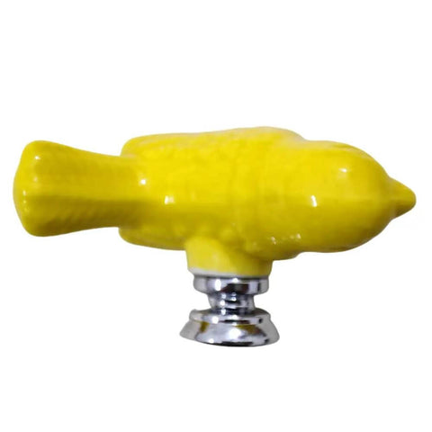 Yellow ceramic bird cabinet knob for cupboards and kitchen cabinets, 2.24x1.33x1.18 inches, with chrome base.