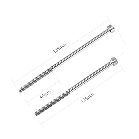 Two Pack M6 Bike Stem Riser Bolts Replacement Set 116mm And 136mm Long Threaded Screws, silver finish, on white background