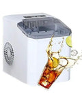 Portable Nugget Ice Maker, Plug And Play Electric Countertop Ice Machine With Free Scoop And Basket, Fast Chill Six Minute Batch, white color with drink and ice cubes.