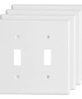 2-Gang Decorator Double Switch Plate Cover White 4-Pack With Screws For Easy Replacement Dual Light Switches Space Saving Wall Faceplate No Fuss Durable Plastic Construction Fits Most Standard Boxes. Front view.