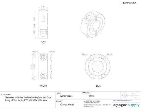 Diagram of Black Oxide Plated Steel Two Piece Clamping Collar, 1/2 In Bore, 1-1/8 In Outer Diameter, 8-32 Set Screw