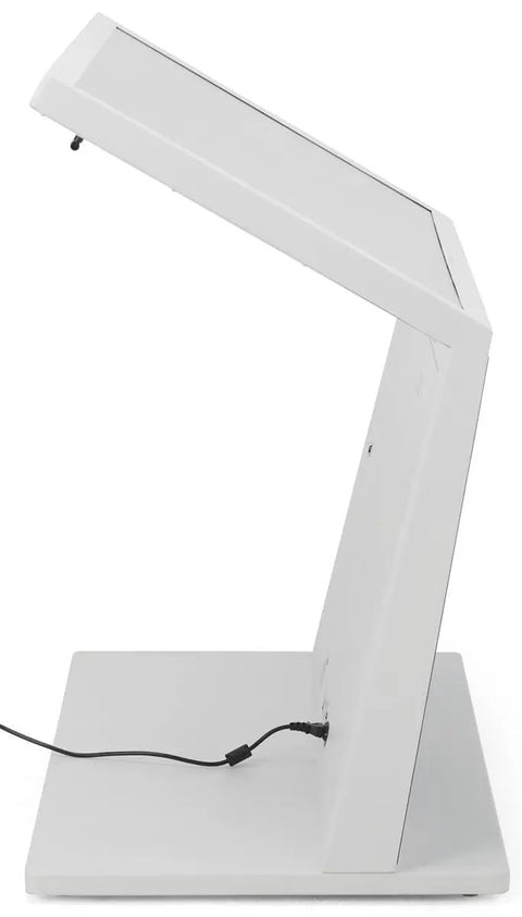 Real Deal Forty Nine Inch Interactive Touchscreen Kiosk Running Android Fourteen And Vibrant Full Hd Display Seriously Impressive For Wayfinding Or Quick Guest Check Ins side profile view of white kiosk with power cord