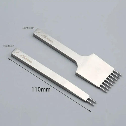 Leather Pricking Iron Chisel In French Style Die Steel Punch Tool 3.85mm For Leathercraft Pros, two and eight teeth shown, 110mm length