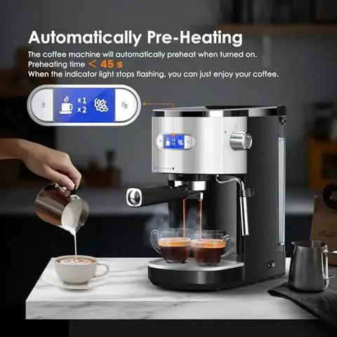 20 Bar Commercial Espresso Machine With Milk Frother And Steam Wand showing pre-heating feature on a kitchen counter.