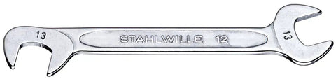 Close-up of chrome open-end wrench part of Pro Grade Small Double Open End Wrench Set Electric in Roll Up Case, 13mm and 12mm sizes visible.