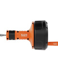 No Sweat 25 Foot Auto Feed Drain Auger with orange and black handle, featuring tri roller mechanism for stubborn clogs.